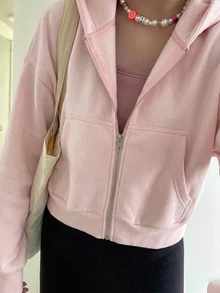 Livesso Women's Minimalist Solid Color Zip-Up Sweatshirt, Autumn Jacket Hoodies - Pink - View 9