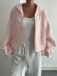 Livesso Women's Minimalist Solid Color Zip-Up Sweatshirt, Autumn Jacket Hoodies - Pink - View 8