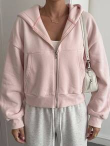 Livesso Women's Minimalist Solid Color Zip-Up Sweatshirt, Autumn Jacket Hoodies - Pink - View 10