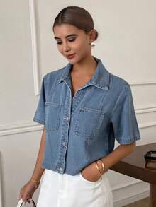 Livesso Women's Casual Washed Patch Pocket Button Front Short Sleeve Denim Jacket, Summer - Blue - View 5