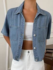 Livesso Women's Casual Washed Patch Pocket Button Front Short Sleeve Denim Jacket, Summer - Blue - View 7
