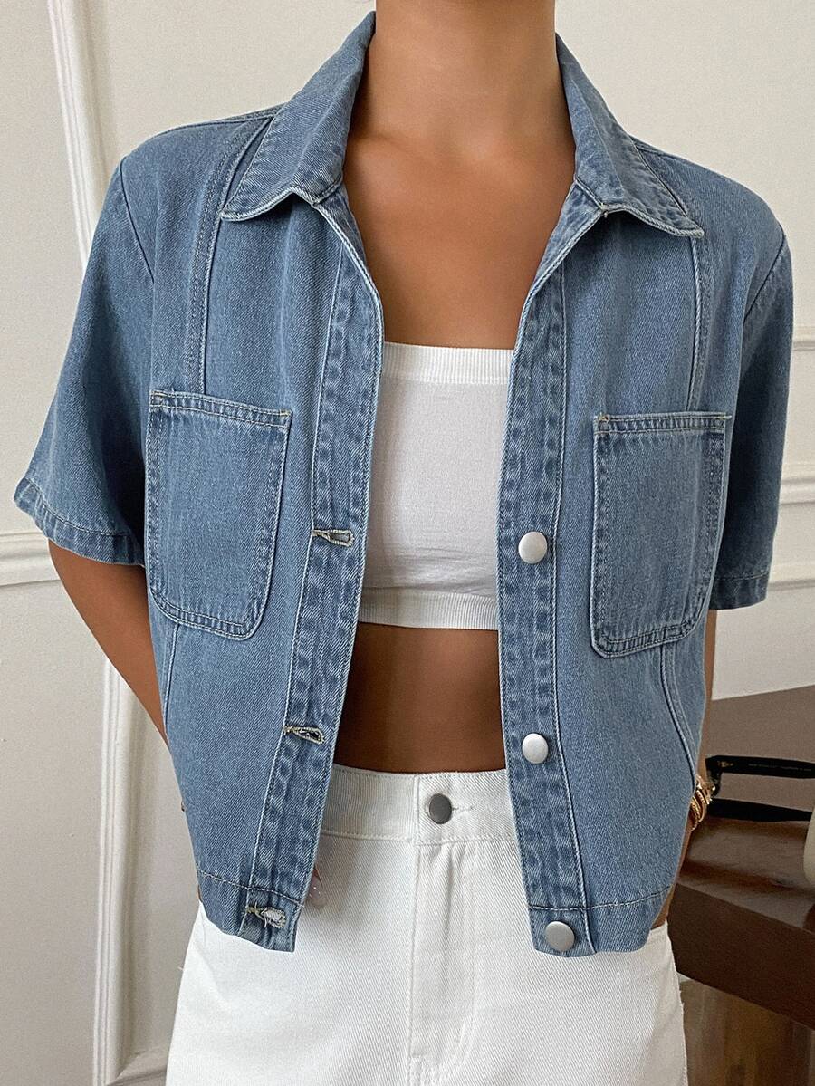 Livesso Chaqueta vaquera de mujer de manga corta con bolsillo parche, estilo informal, lavada, con botones, para el verano - Azul - Ver 1
