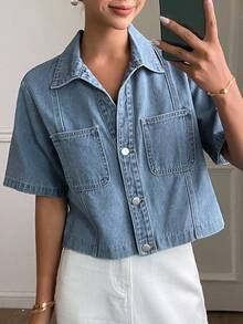 Livesso Women's Casual Washed Patch Pocket Button Front Short Sleeve Denim Jacket, Summer - Blue - View 2