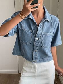 Livesso Women's Casual Washed Patch Pocket Button Front Short Sleeve Denim Jacket, Summer - Blue - View 3
