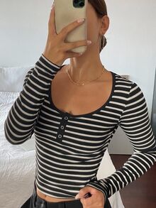 Livesso Ladies Black Striped Crew Neck Casual T-Shirt Long Sleeve Women Tops - Black - View 7