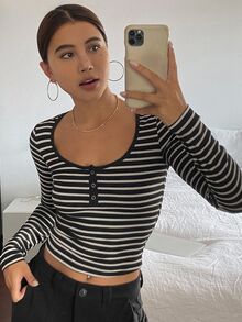 Livesso Ladies Black Striped Crew Neck Casual T-Shirt Long Sleeve Women Tops - Black - View 3