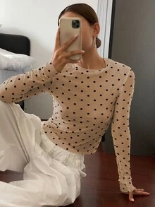 Livesso 波尔卡圆点印花修身褶皱女式长袖衬衫，秋装 - 卡其色 - 查看 3