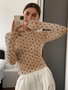 Livesso 波尔卡圆点印花修身褶皱女式长袖衬衫，秋装 - 卡其色 - 查看 2