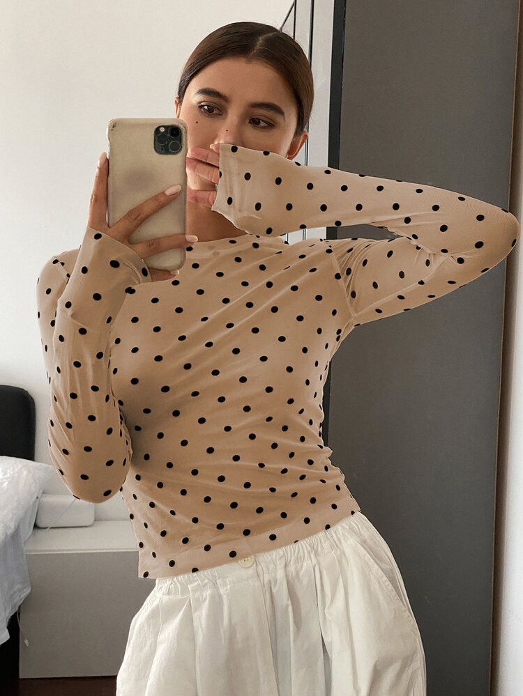 Livesso Polka Dot Print Fitted Pleated Women Long Sleeve Blouse,Fall Clothes - Khaki - View 2