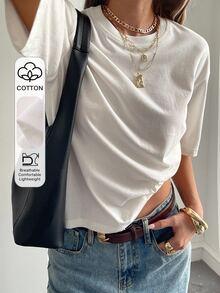 Livesso Autumn/Winter New Loose Casual Round Neck Basic Women's Short Sleeve - White - View 7