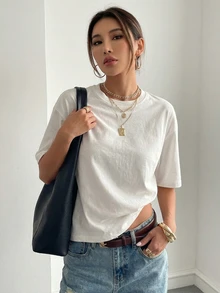 Livesso Autumn/Winter New Loose Casual Round Neck Basic Women's Short Sleeve - White - View 1