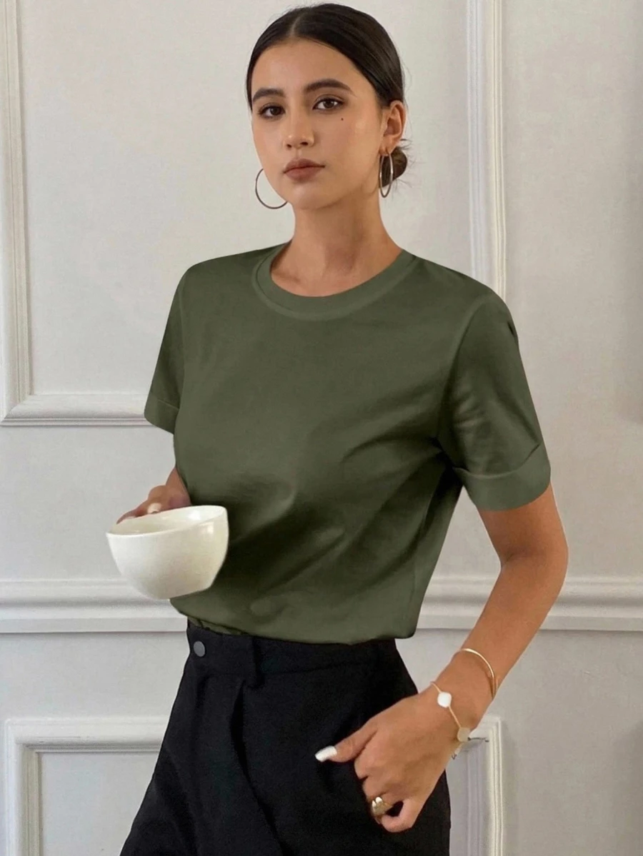 Livesso Women Plain Color Short Sleeve T-Shirt, Fashion Suitable For Summer - Army Green - View 1