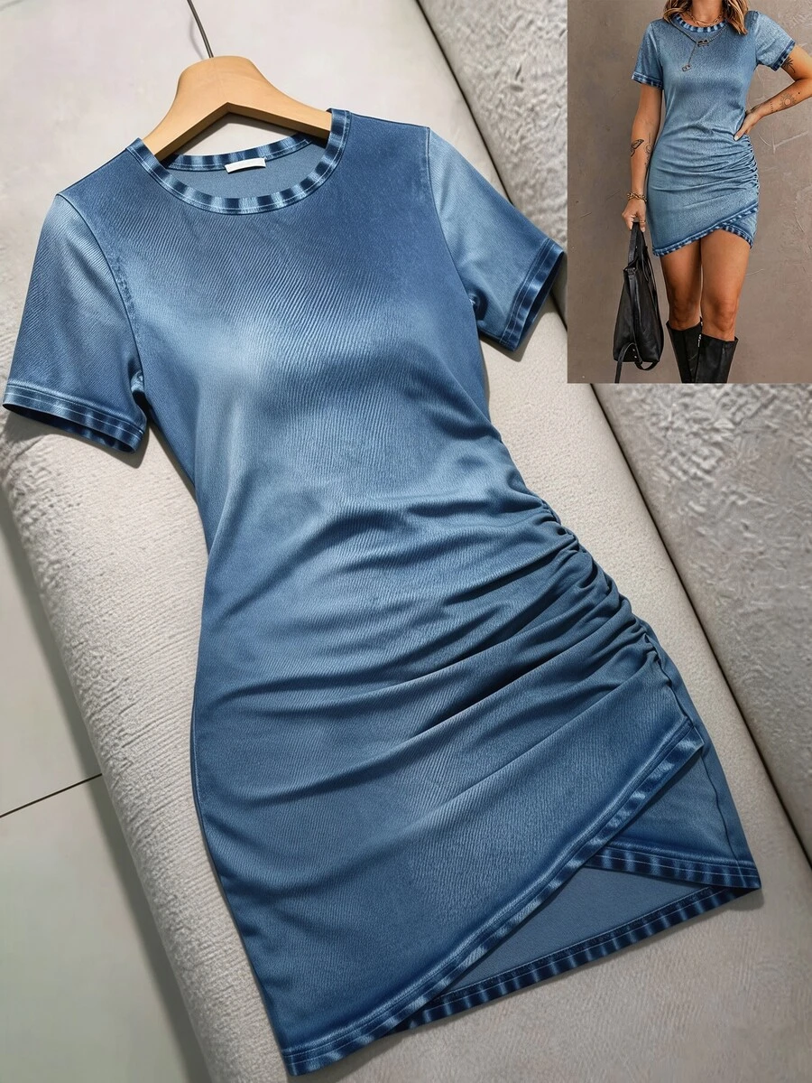 SHEIN 純色抓皺鬱金香下擺洋裝 酒紅色 女款 外出夜店夏季性感穿搭