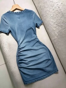 SHEIN 純色抓皺鬱金香下擺洋裝 酒紅色 女款 外出夜店夏季性感穿搭 - 白色 - 查看 3