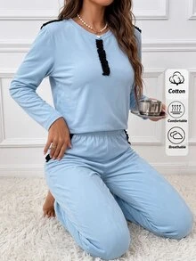 SHEIN Cottnline Light Blue Contrast Detail Casual Simple Pajama Set Lounge Autumn - Blue - View 9