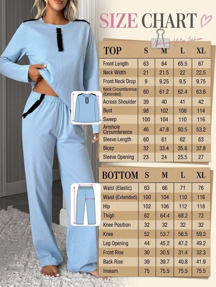 SHEIN Cottnline Light Blue Contrast Detail Casual Simple Pajama Set Lounge Autumn - Blue - View 1