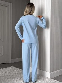 SHEIN Cottnline Light Blue Contrast Detail Casual Simple Pajama Set Lounge Autumn - Blue - View 4