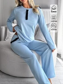 SHEIN Cottnline Light Blue Contrast Detail Casual Simple Pajama Set Lounge Autumn - Blue - View 8