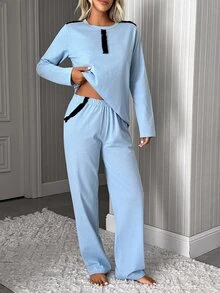 SHEIN Cottnline Light Blue Contrast Detail Casual Simple Pajama Set Lounge Autumn - Blue - View 5