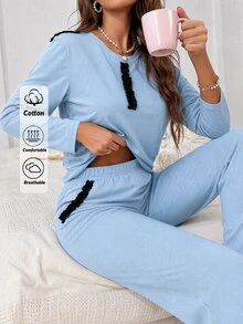 SHEIN Cottnline Light Blue Contrast Detail Casual Simple Pajama Set Lounge Autumn - Blue - View 3