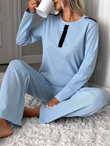 SHEIN Cottnline Light Blue Contrast Detail Casual Simple Pajama Set Lounge Autumn - Blue - View 6