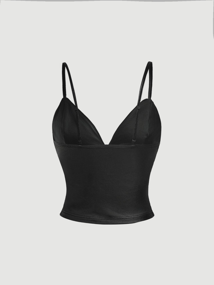 SHEIN MOD 女款純色PU皮革打孔設計細肩帶上衣＋荷葉邊裙 2件套，黑色夏季性感哥德風，適合萬聖節、夜晚外出、夜店、演唱會 - 黑色 - 查看 10