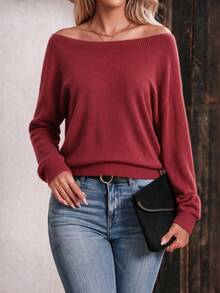 EMERY ROSE Women's Solid Color Asymmetrical Shoulder Long Sleeve Casual Traditional Soft Form Plus Size Knit Loose Pullover Sweater Vacation Burgundy Autumn - Burgundy - View 5