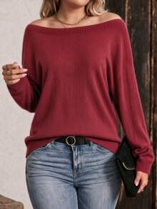 EMERY ROSE Women's Solid Color Asymmetrical Shoulder Long Sleeve Casual Traditional Soft Form Plus Size Knit Loose Pullover Sweater Vacation Burgundy Autumn - Burgundy - View 1