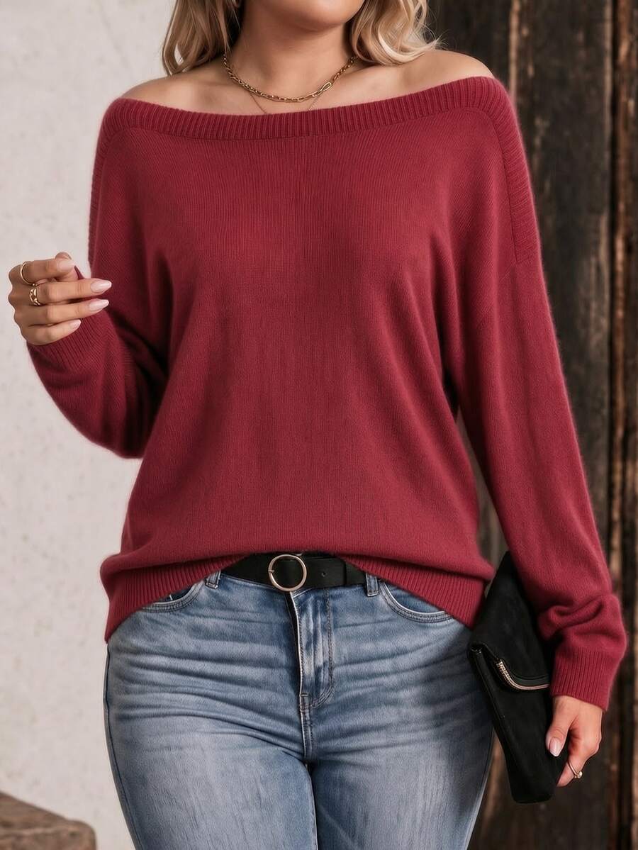 EMERY ROSE Women's Solid Color Asymmetrical Shoulder Long Sleeve Casual Traditional Soft Form Plus Size Knit Loose Pullover Sweater Vacation Burgundy Autumn - Burgundy - View 1