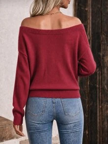 EMERY ROSE Women's Solid Color Asymmetrical Shoulder Long Sleeve Casual Traditional Soft Form Plus Size Knit Loose Pullover Sweater Vacation Burgundy Autumn - Burgundy - View 2