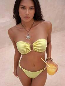Swim Chiccia Springbreak Women Summer Solid Color Halter Metal Decor Top And Thong Bikini 2 Pieces Set, Minimalist - Yellow - View 2