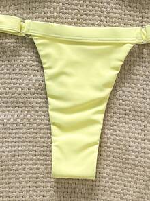 Swim Chiccia Springbreak Women Summer Solid Color Halter Metal Decor Top And Thong Bikini 2 Pieces Set, Minimalist - Yellow - View 8
