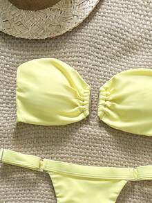 Swim Chiccia Springbreak Women Summer Solid Color Halter Metal Decor Top And Thong Bikini 2 Pieces Set, Minimalist - Yellow - View 6