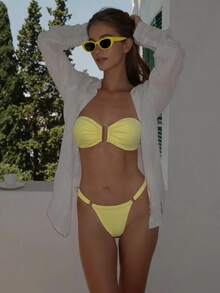 Swim Chiccia Springbreak Women Summer Solid Color Halter Metal Decor Top And Thong Bikini 2 Pieces Set, Minimalist - Yellow - View 5