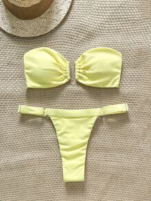 Swim Chiccia Springbreak Women Summer Solid Color Halter Metal Decor Top And Thong Bikini 2 Pieces Set, Minimalist - Yellow - View 4