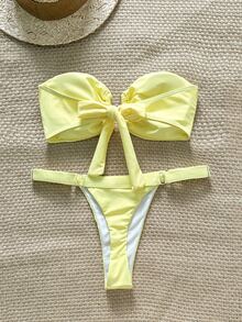 Swim Chiccia Springbreak Women Summer Solid Color Halter Metal Decor Top And Thong Bikini 2 Pieces Set, Minimalist - Yellow - View 3