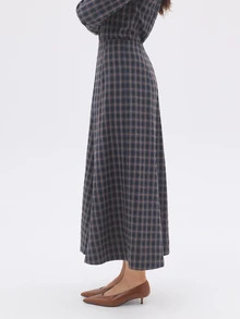KÆRIA Hus High Waist A-Line Maxi Skirt - Refined Stretch Woven - Navy Brown Check , Tailored - Blue - View 4