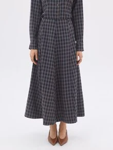 KÆRIA Hus High Waist A-Line Maxi Skirt - Refined Stretch Woven - Navy Brown Check , Tailored - Blue - View 8