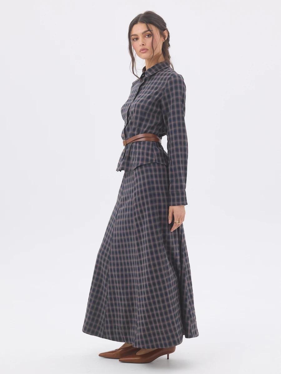 KÆRIA Hus High Waist A-Line Maxi Skirt - Refined Stretch Woven - Navy Brown Check , Tailored