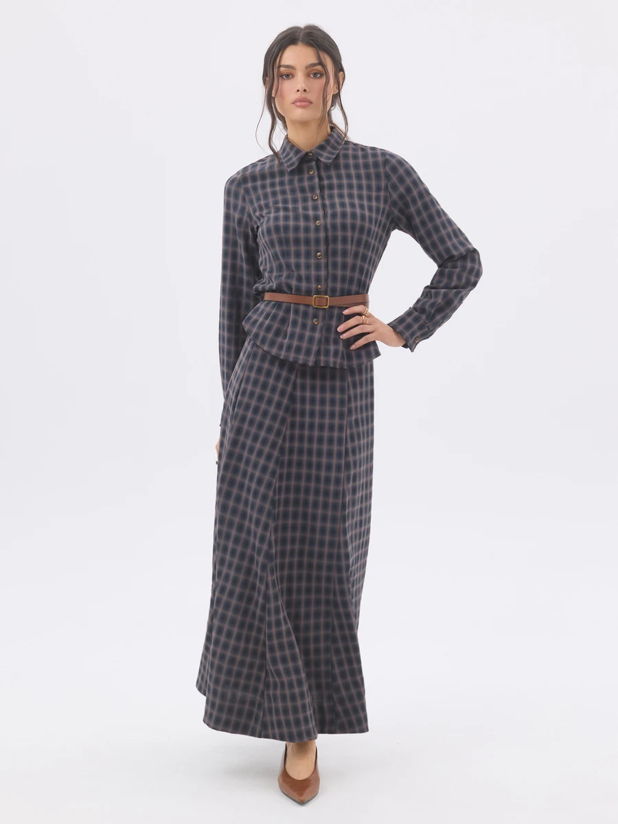 KÆRIA Hus High Waist A-Line Maxi Skirt - Refined Stretch Woven - Navy Brown Check , Tailored