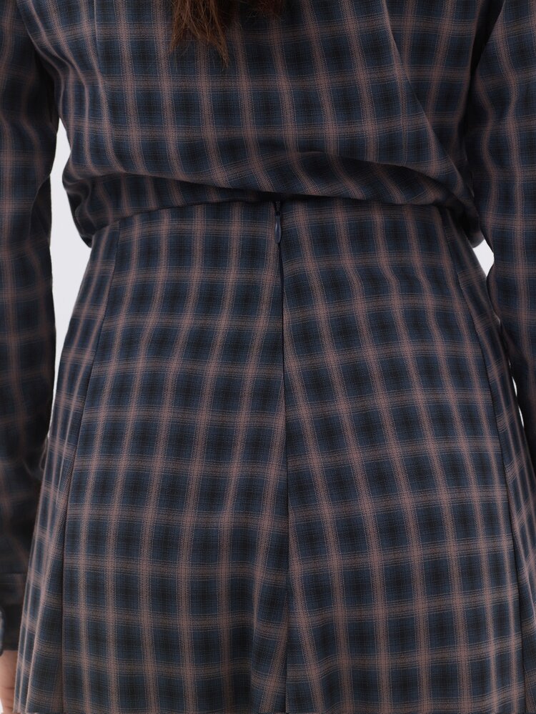 KÆRIA Hus High Waist A-Line Maxi Skirt - Refined Stretch Woven - Navy Brown Check , Tailored - Blue - View 6