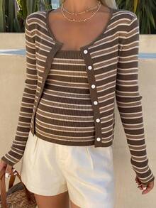 DAZY Maternity Striped Long Sleeve Single-Breasted Knit Cardigan And Camisole Knit Vest Set - Brown - View 3