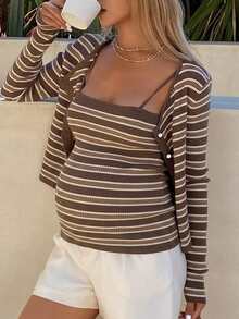 DAZY Maternity Striped Long Sleeve Single-Breasted Knit Cardigan And Camisole Knit Vest Set - Brown - View 5