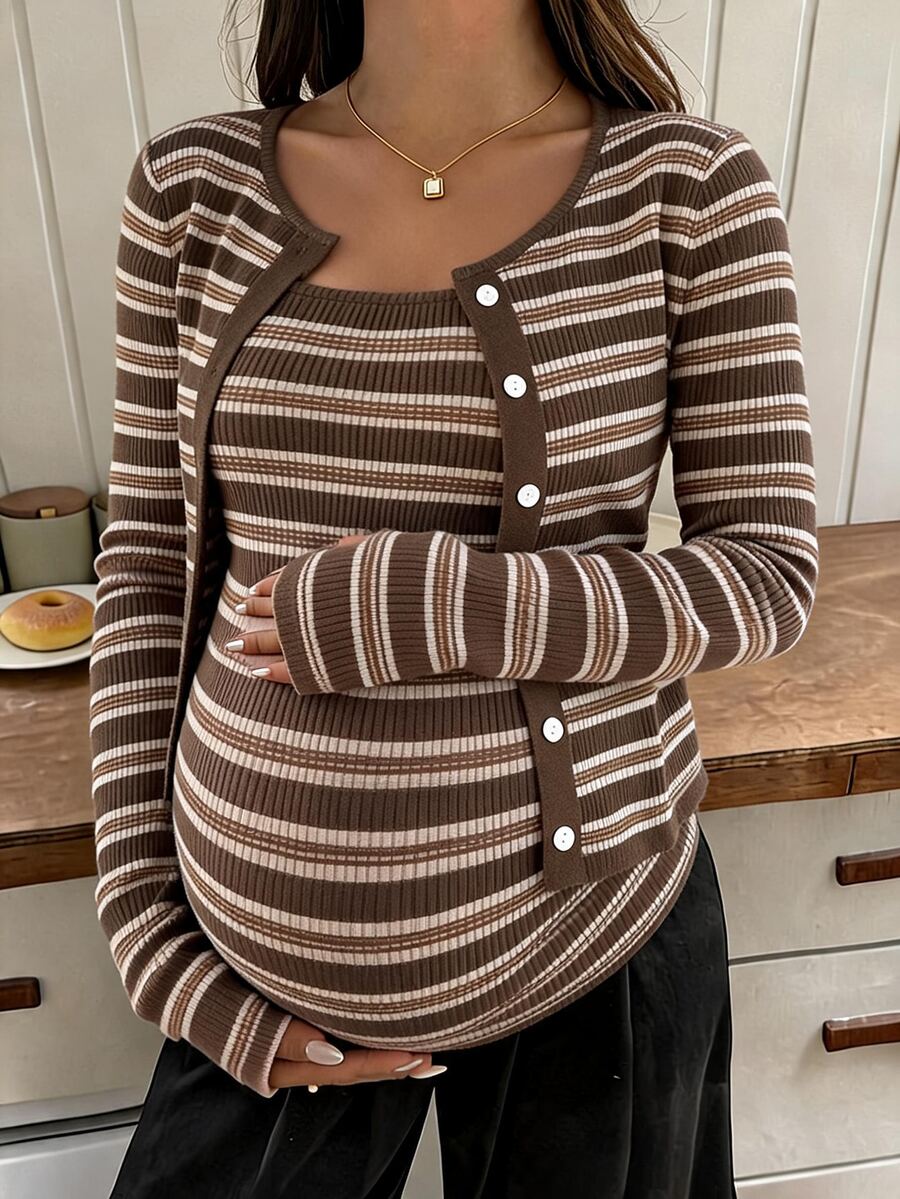 DAZY Maternity Striped Long Sleeve Single-Breasted Knit Cardigan And Camisole Knit Vest Set - Brown - View 1