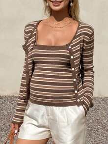 DAZY Maternity Striped Long Sleeve Single-Breasted Knit Cardigan And Camisole Knit Vest Set - Brown - View 4