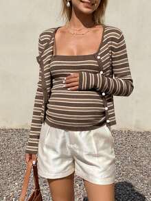 DAZY Maternity Striped Long Sleeve Single-Breasted Knit Cardigan And Camisole Knit Vest Set - Brown - View 6