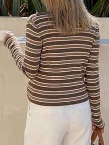 DAZY Maternity Striped Long Sleeve Single-Breasted Knit Cardigan And Camisole Knit Vest Set - Brown - View 2