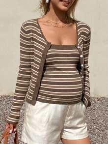 DAZY Maternity Striped Long Sleeve Single-Breasted Knit Cardigan And Camisole Knit Vest Set - Brown - View 9
