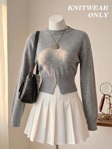 SHEIN MOD Grey Round Neck Dropped Shoulder Long Sleeve Loose Waist Sweater Brunch School Autumn Casual - Light Grey - View 2