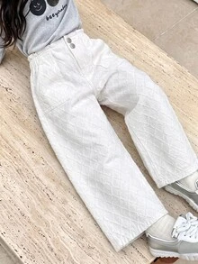 SHEIN 女童新款休閒時尚舒適水洗柔軟鑽紋白色牛仔寬鬆長褲 西式白色長褲 - 白色 - 查看 1